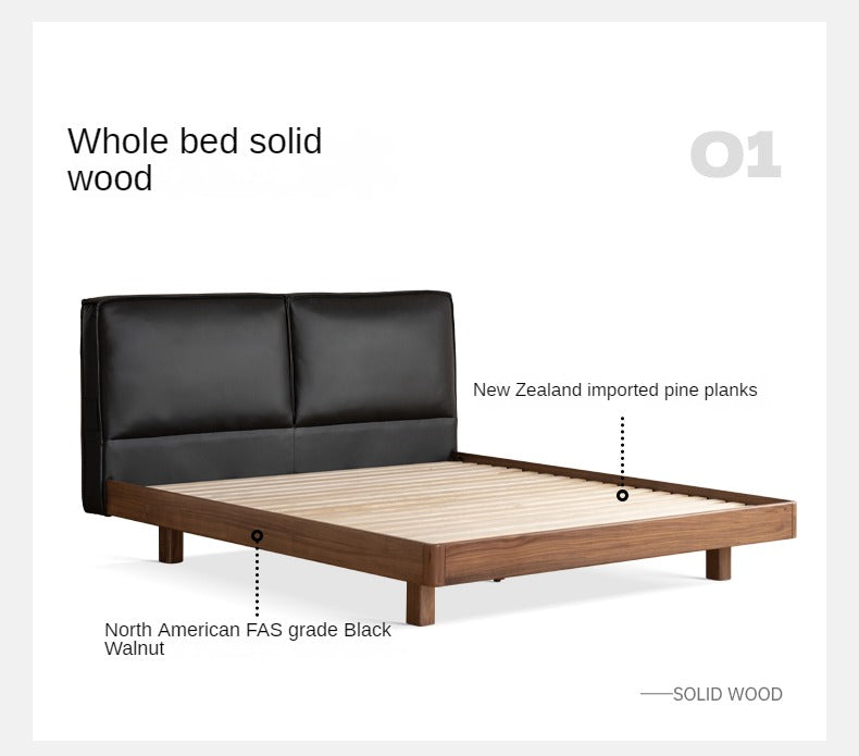 Teak, Black Walnut Solid Wood Genuine Leather Suspended Bed with Light