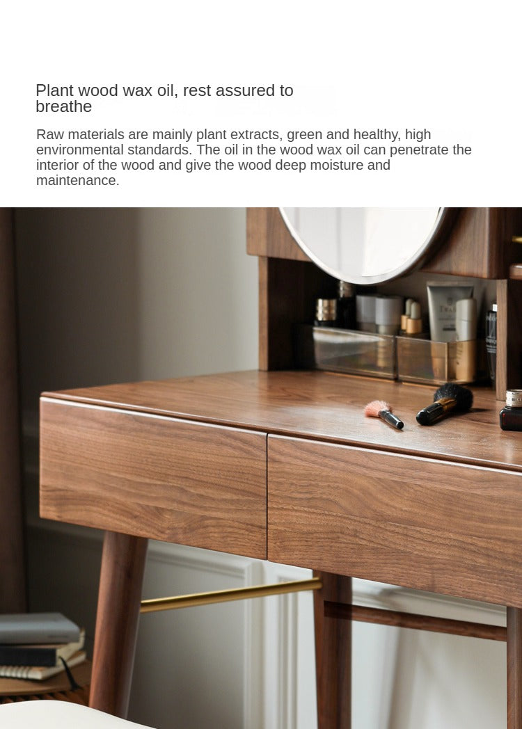 Black Walnut, Sandalwood Solid Wood Moon Makeup Mirror Vanity Table.