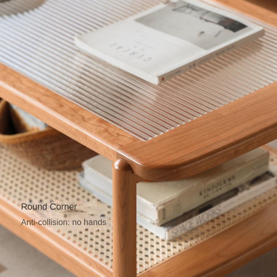 Cherry Solid Wood Coffee Table Glass, Rattan