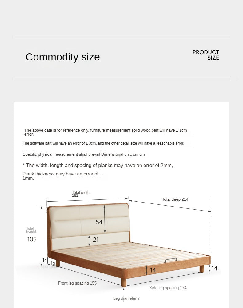Cherry Solid Wood Bed with Retro Edge and Soft Headboard