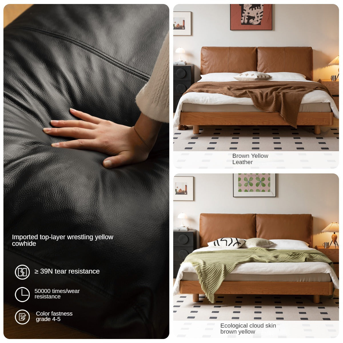 Cherry solid wood leather soft suspended bed