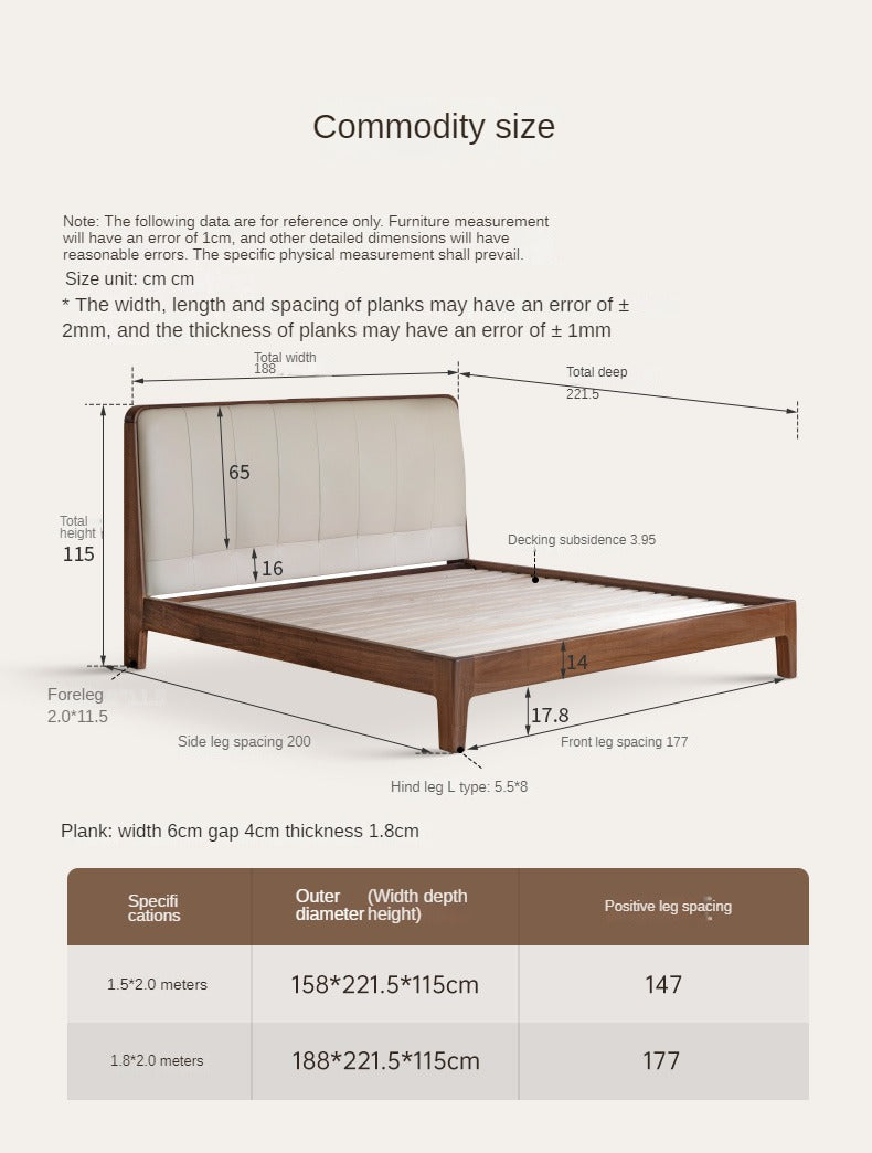 Teak, Black Walnut Solid Wood Bed Leather Soft Bed with Socket