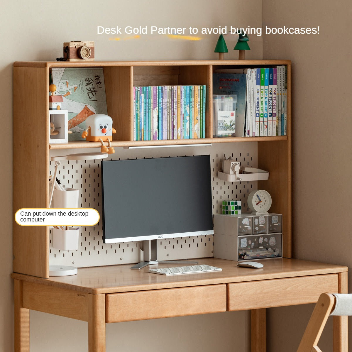 Beech, Oak, Poplar Solid Wood Study Desk with Shelf