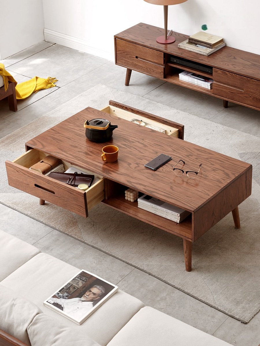 Oak, Solid Rubberwood Two-Drawer Coffee Table Walnut Color