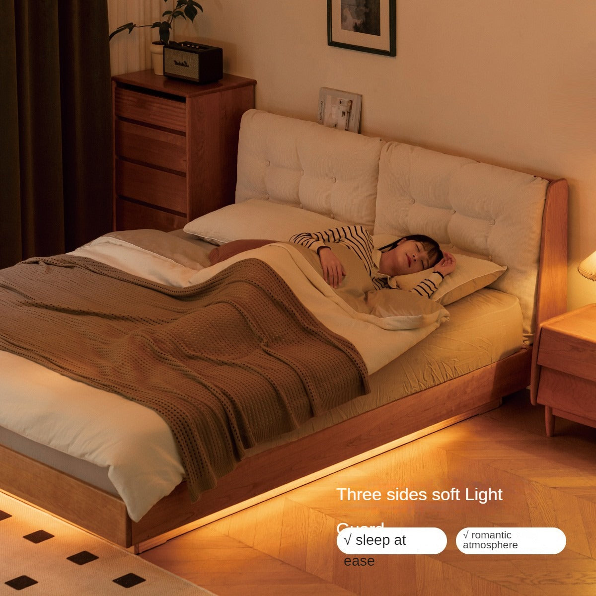 Cherry Solid Wood Box Bed Top Genuine Leather, Corduroy Suspended Bed