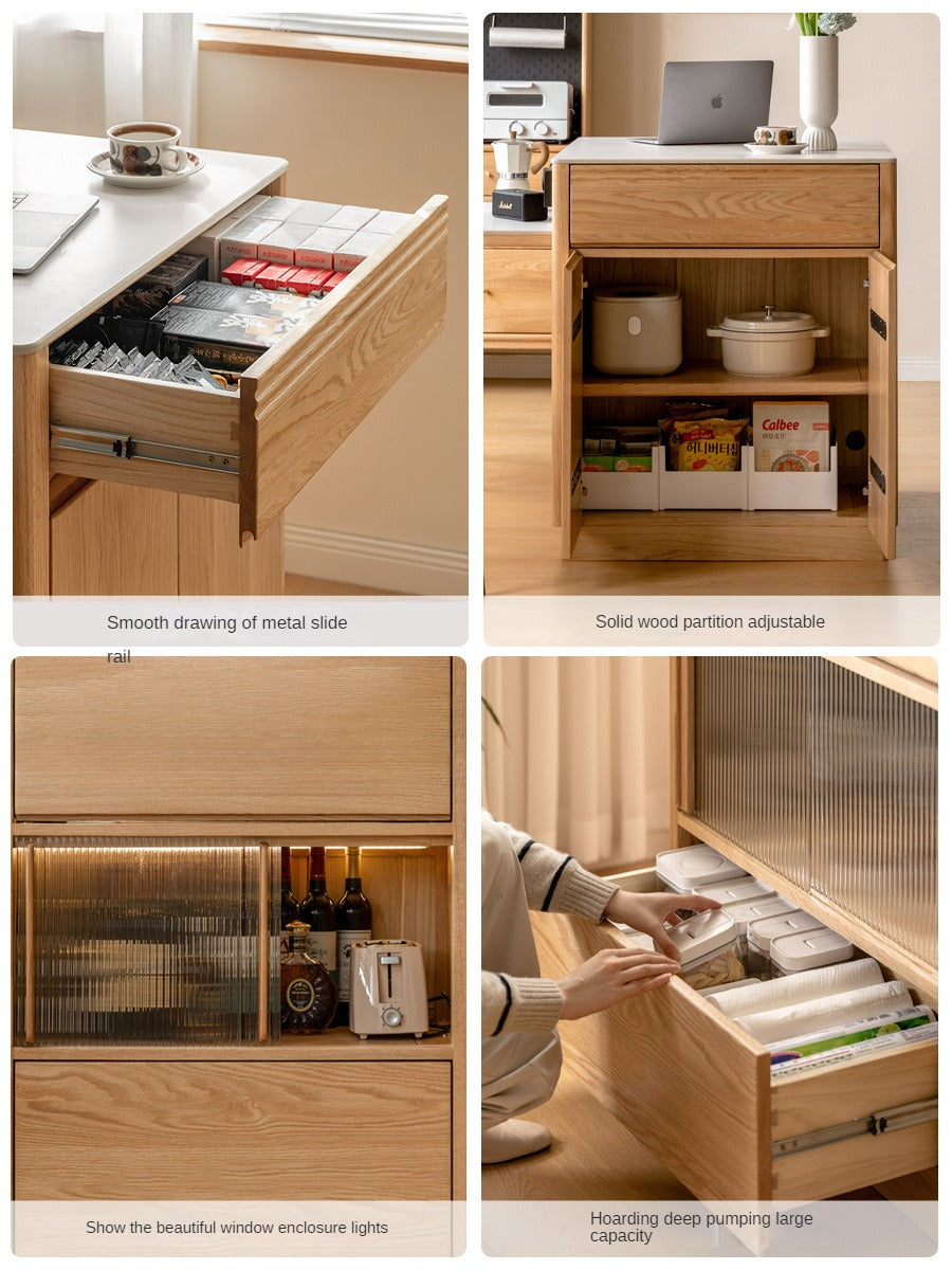 Oak Solid Wood Island + Table Integrated Retractable Rock Board