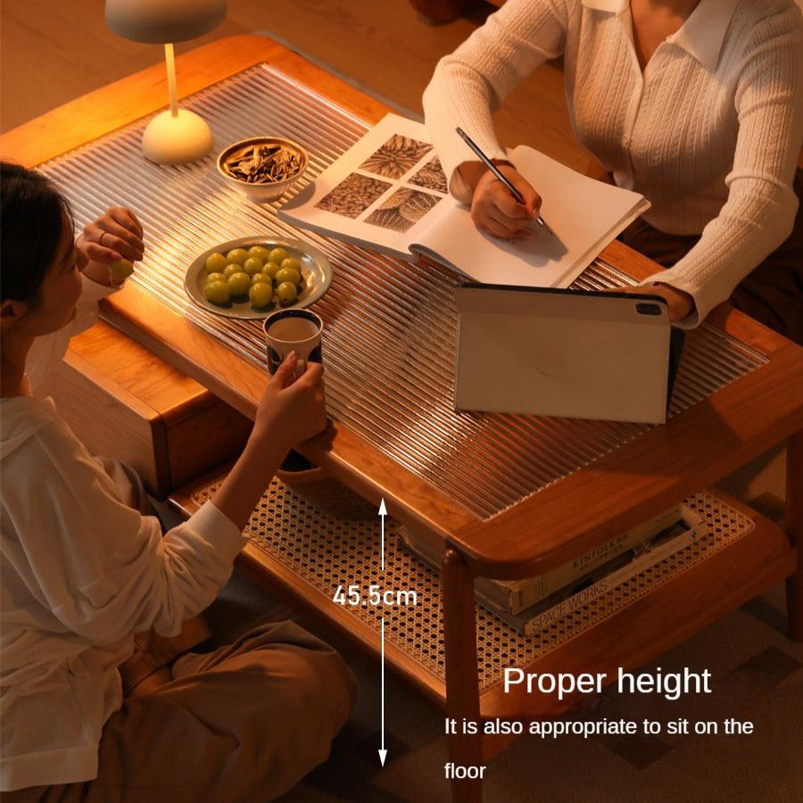 Cherry Solid Wood Coffee Table Glass, Rattan