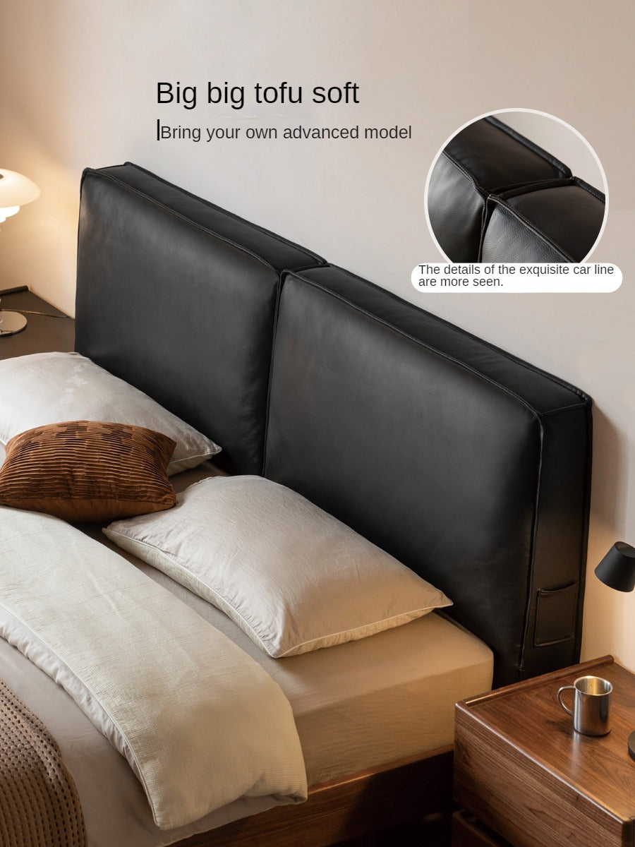 Teak, Black Walnut Solid Wood Genuine Leather Suspended Bed with Light