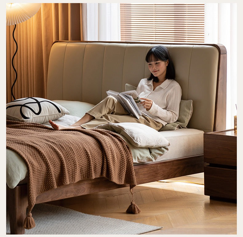 Teak, Black Walnut Solid Wood Bed Leather Soft Bed with Socket