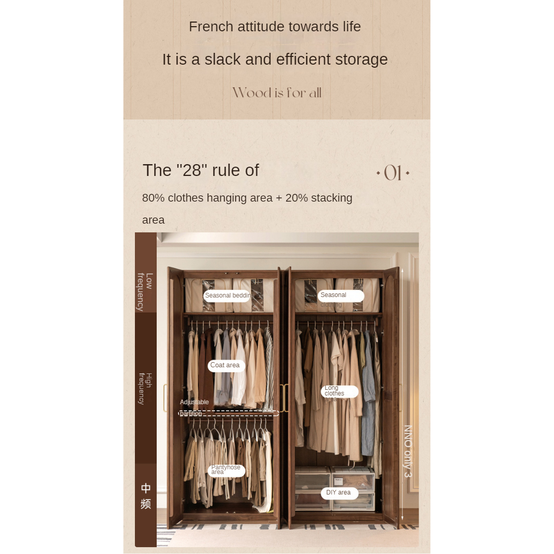 Black Walnut Solid Wood French Retro Wardrobe.