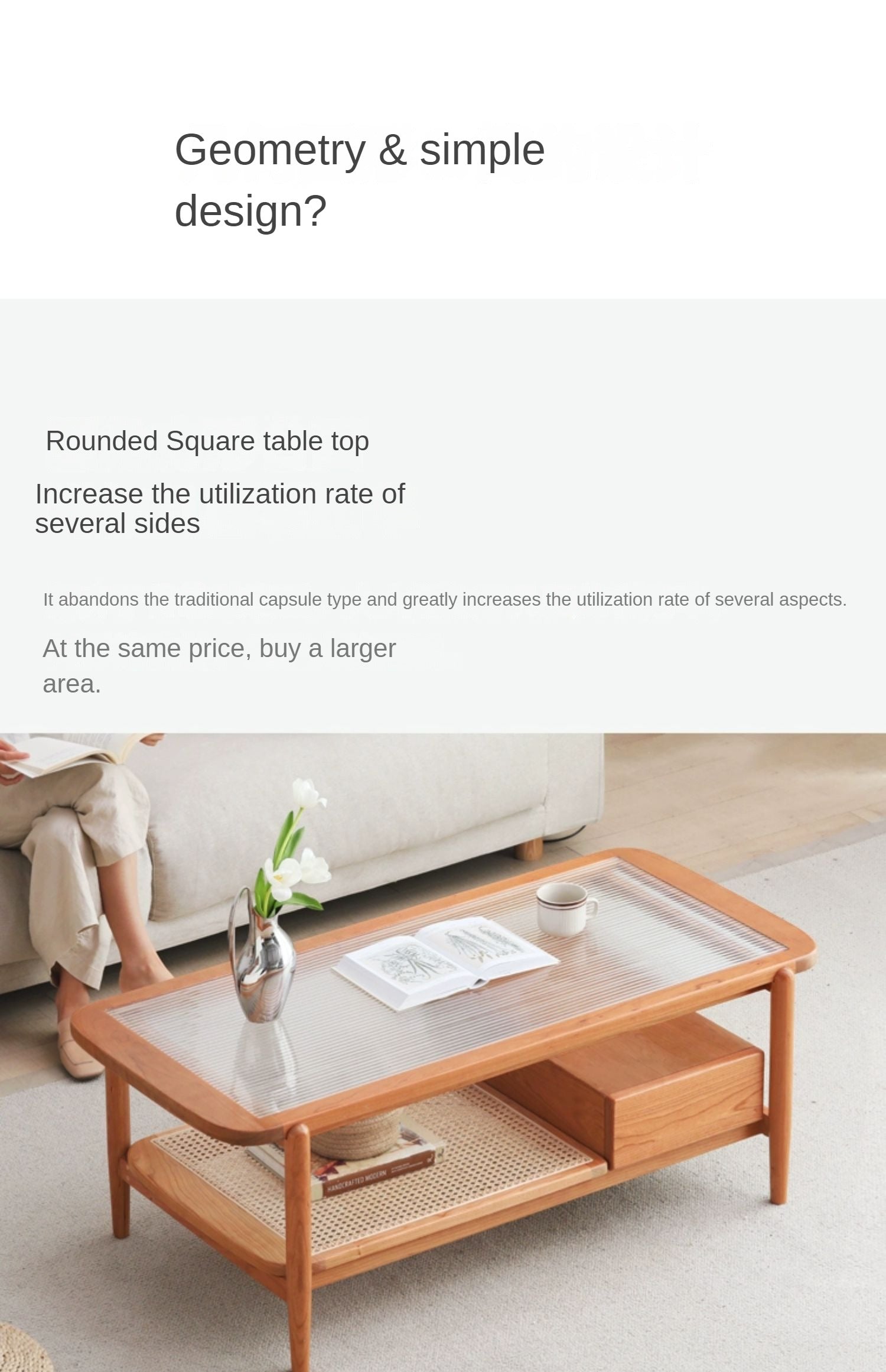 Cherry Solid Wood Coffee Table Glass, Rattan
