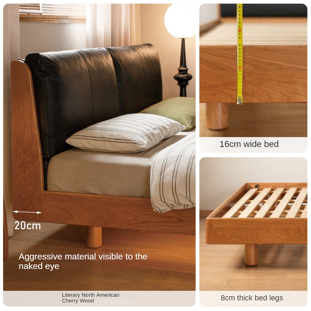 Cherry solid wood leather soft suspended bed