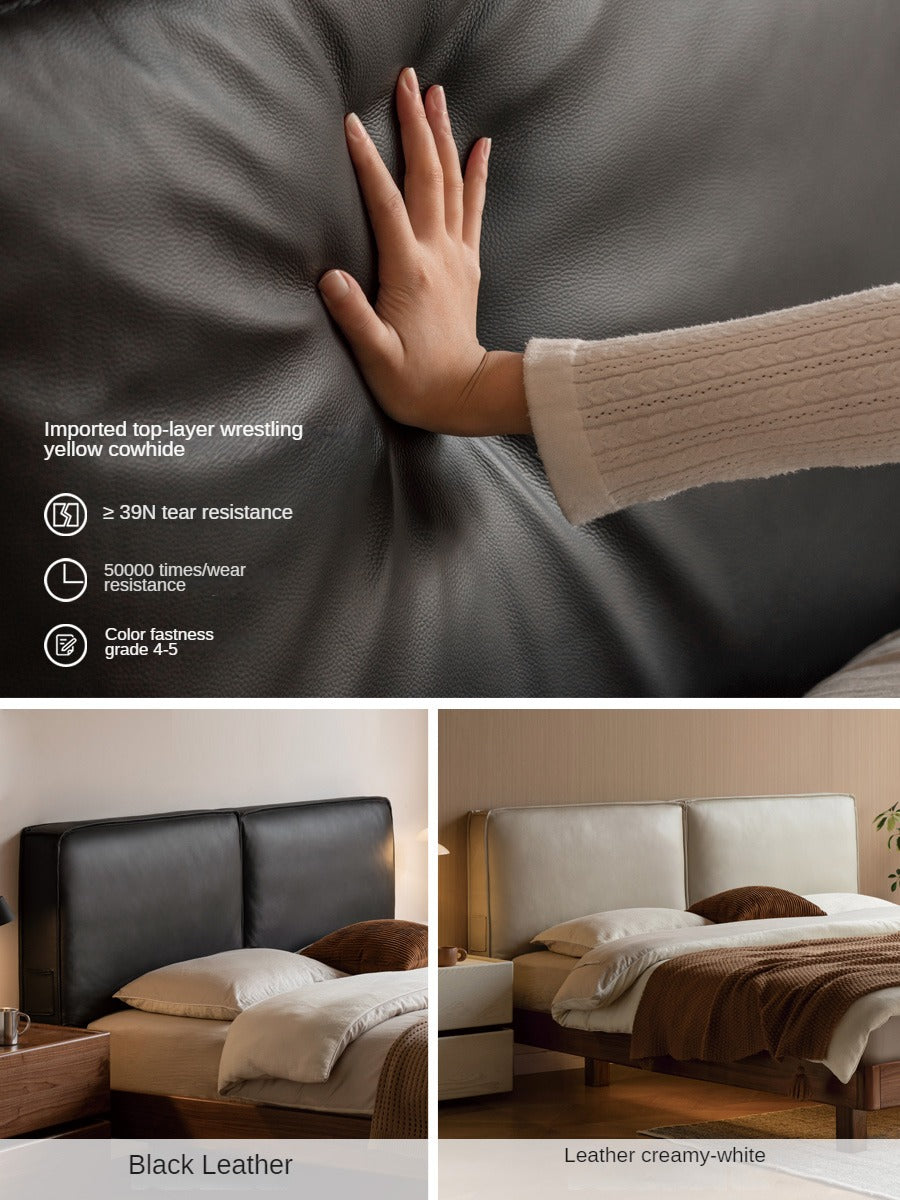 Teak, Black Walnut Solid Wood Genuine Leather Suspended Bed with Light