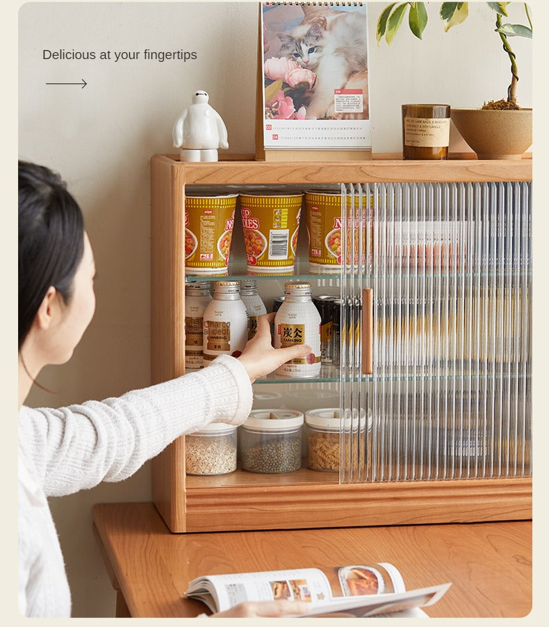 Cherry Solid Wood Glass Sliding Door Sideboard.