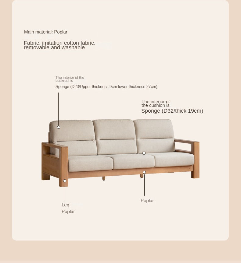 Poplar Solid Wood Sofa Modern Simple High Back Fabric Sofa.