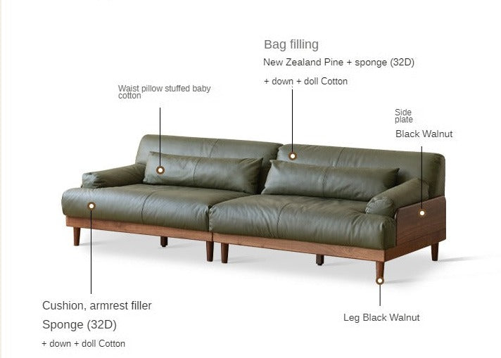 Black Walnut, Oak Solid Wood Leather Down Sofa.