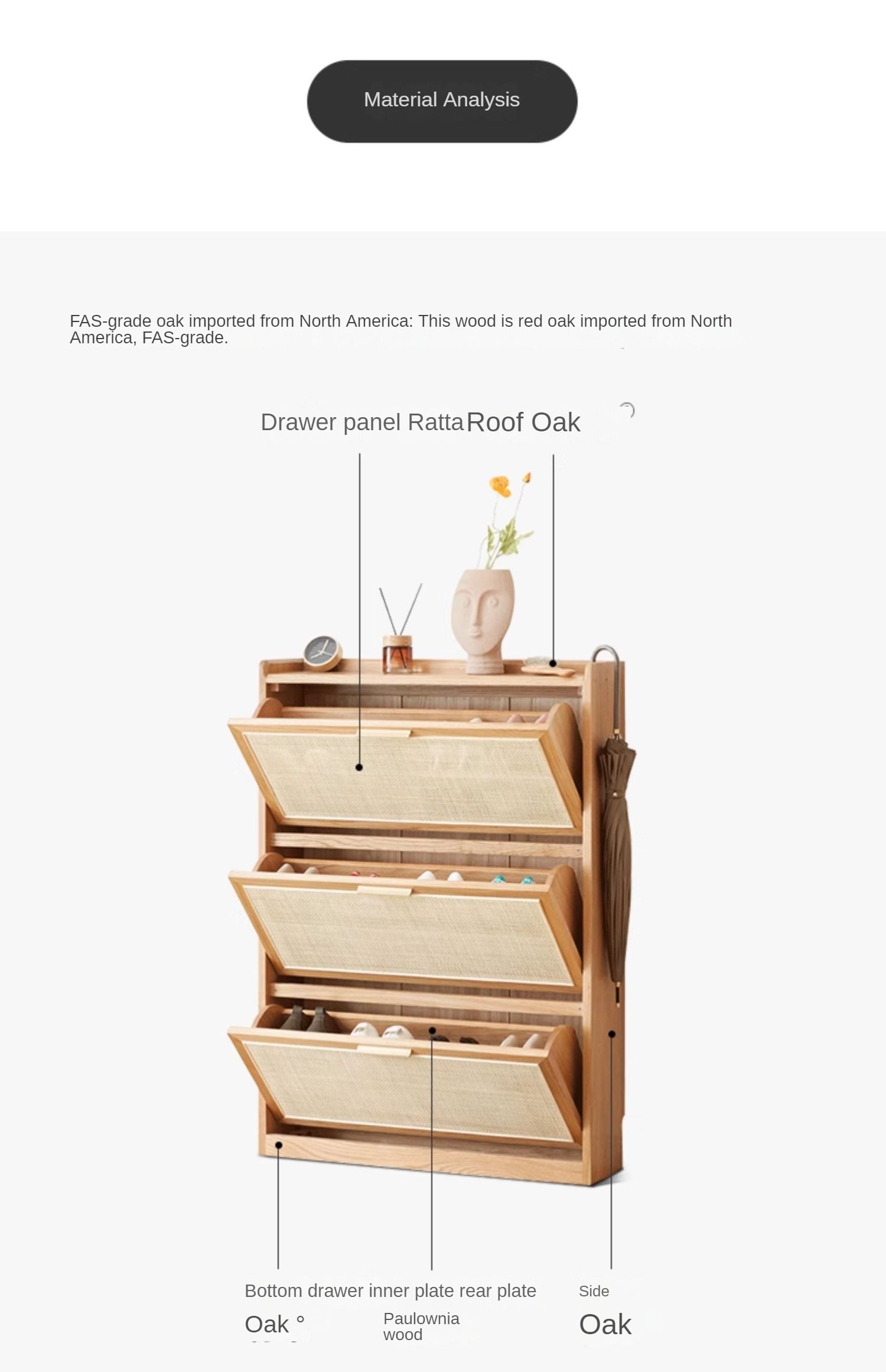 Oak Solid Wood Ultra-Thin Flap Door Rattan Shoe Cabinet