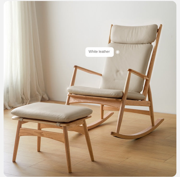 Oak Solid Wood Genuine Leather Rocking Chair :