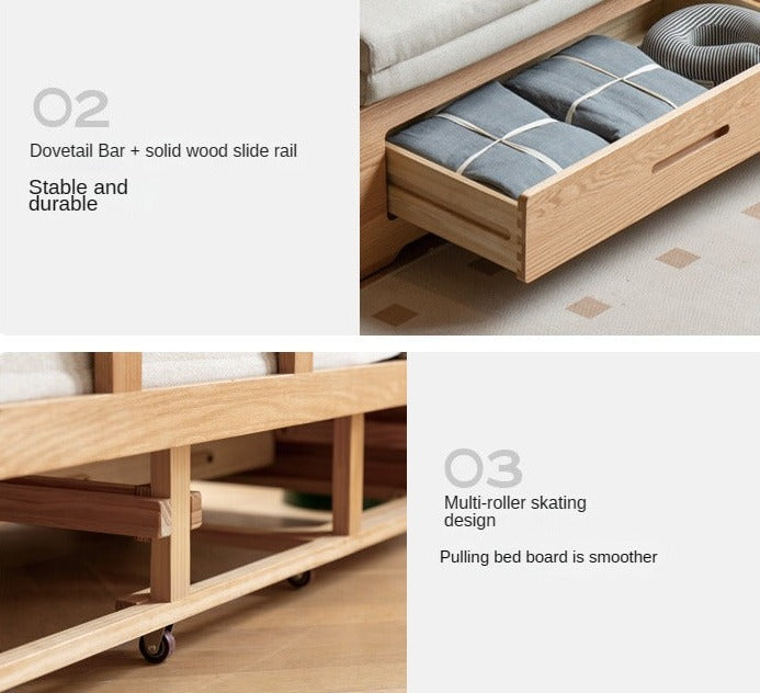 Oak Solid Wood Sofa Bed Folding Retractable Storage.