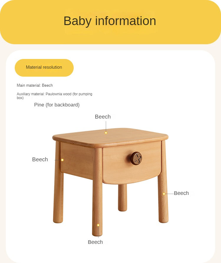 Beech, Rubber Solid Wood Modern Children's Nightstand.
