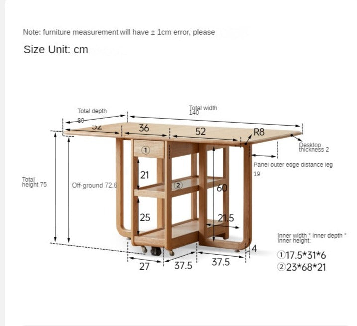 Oak Solid Wood Folding Multi-Functional Storage Telescopic Dining Table