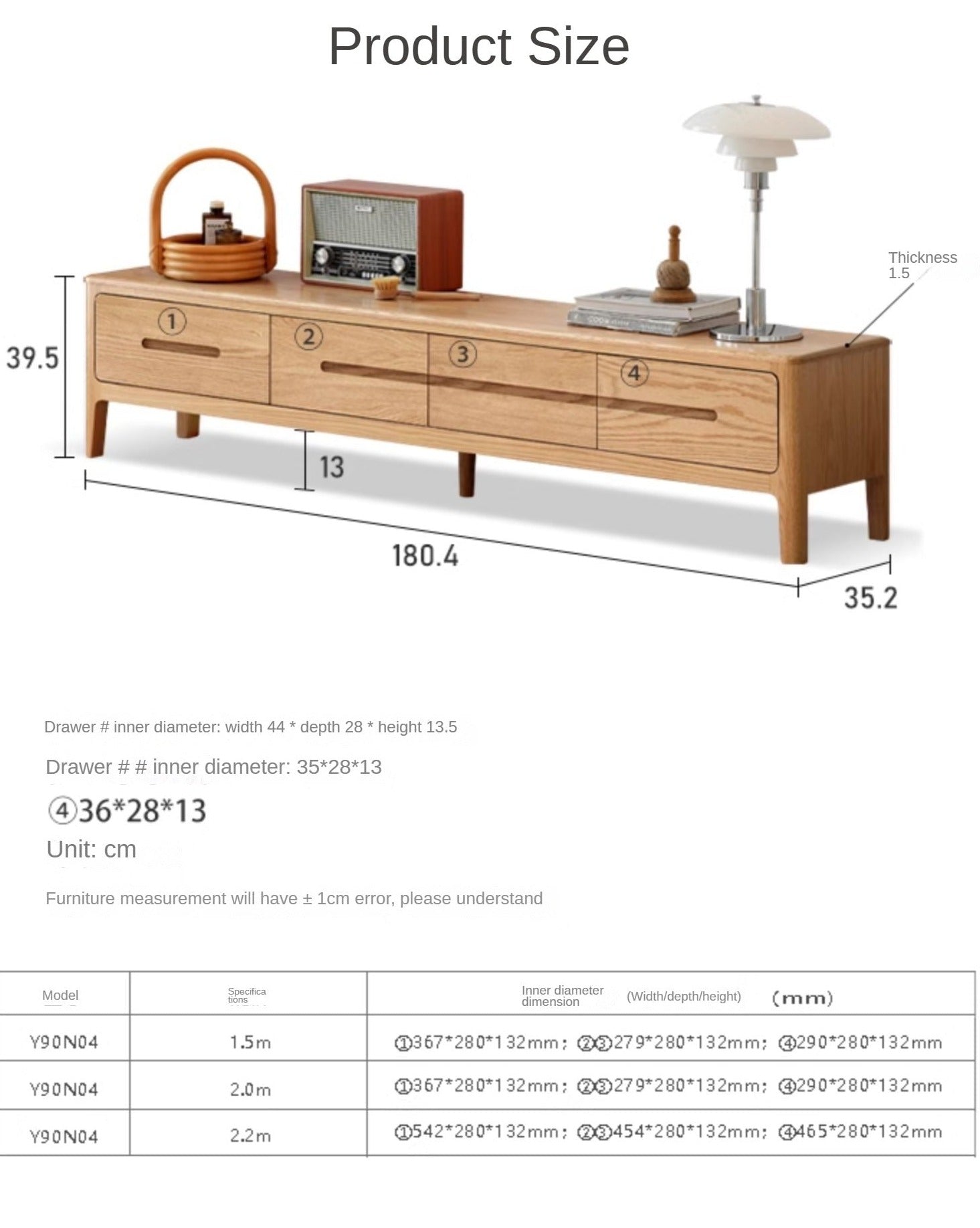 Oak Solid Wood Four-drawer TV Stand.