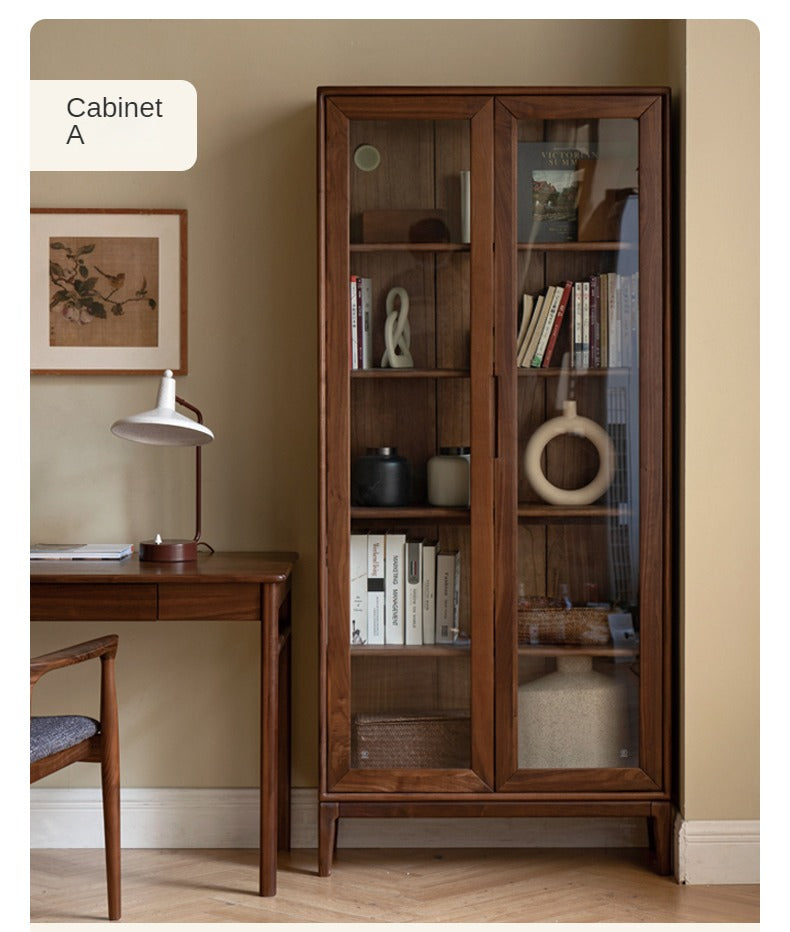 Black Walnut, Ash Solid Wood Combination Dust-Proof Glass Door Bookshelf