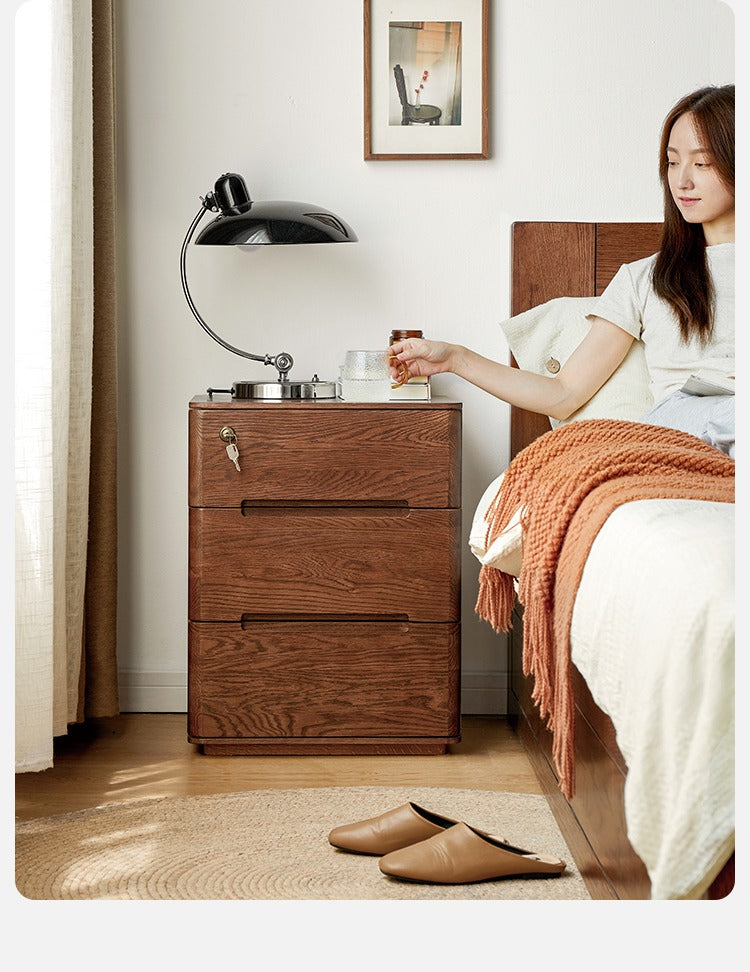 Oak Solid Wood Nightstand with Lock.