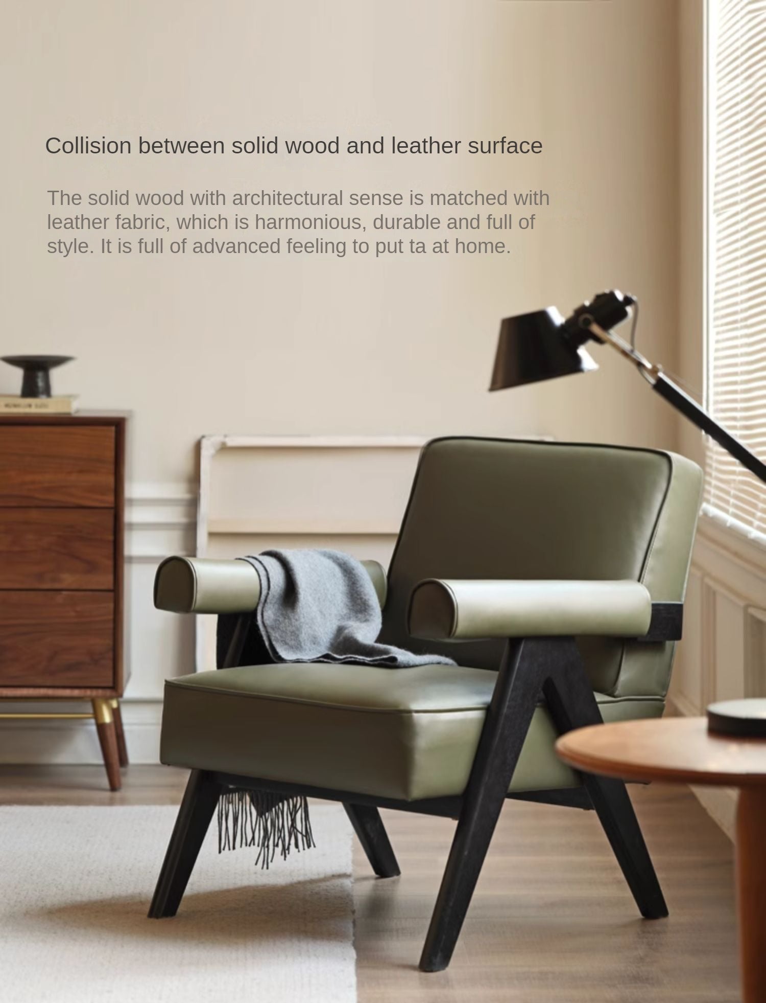 Oak Solid Wood Leather Retro Armchair
