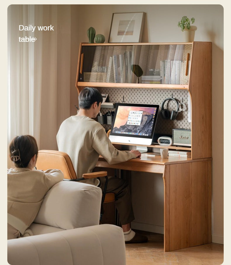 Cherry Wood Desk and Bookshelf Integrated Office Desk