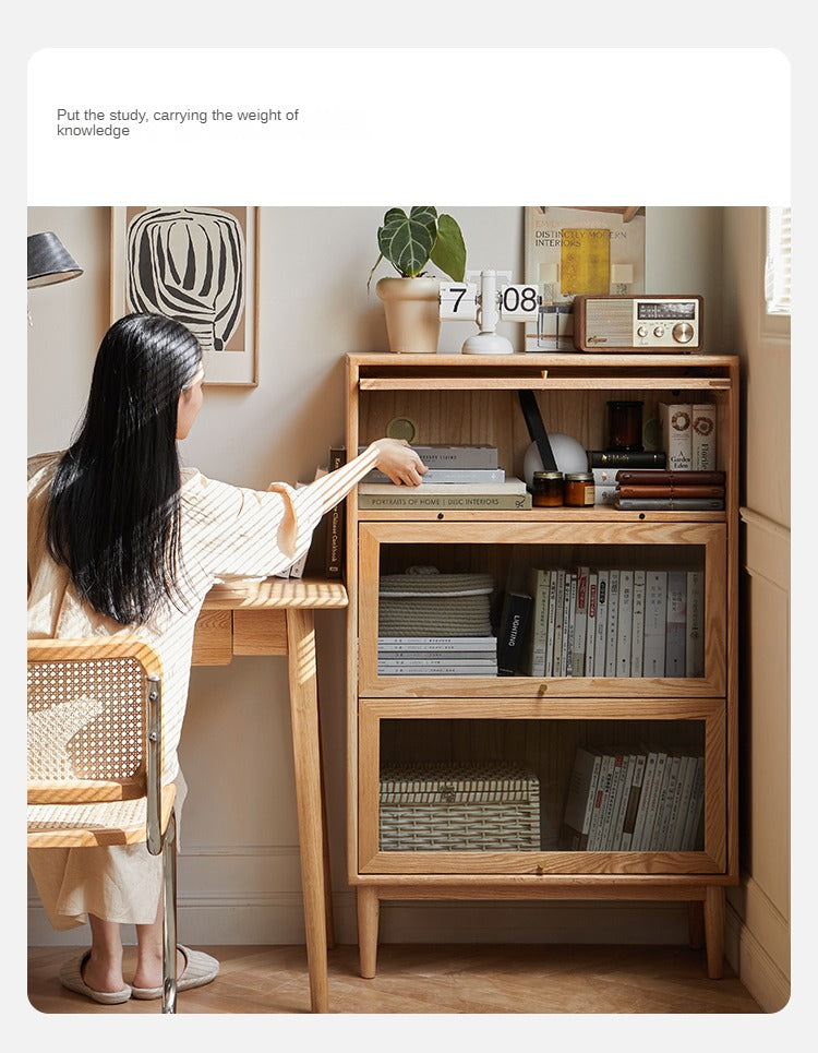 Solid Rubberwood, Oak Solid Wood Multi layer Flip Door Glass Bookcase