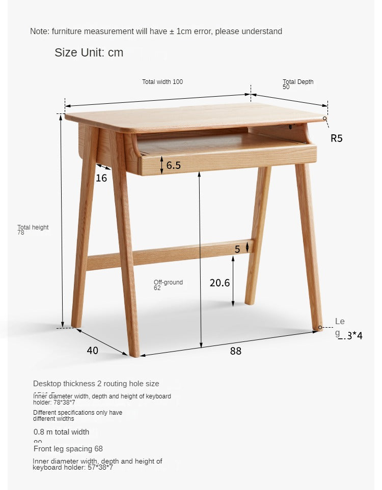 Oak, Solid Rubberwood Narrow Study Desk with Drawers