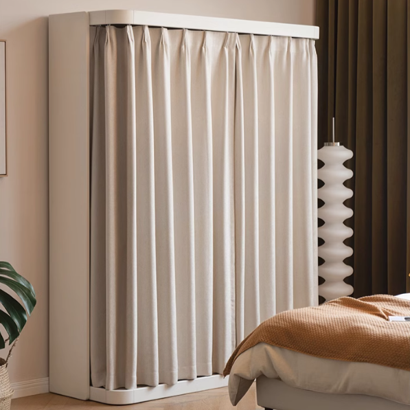 Poplar Solid Wood White Cream Walk-in Curtain Wardrobe.