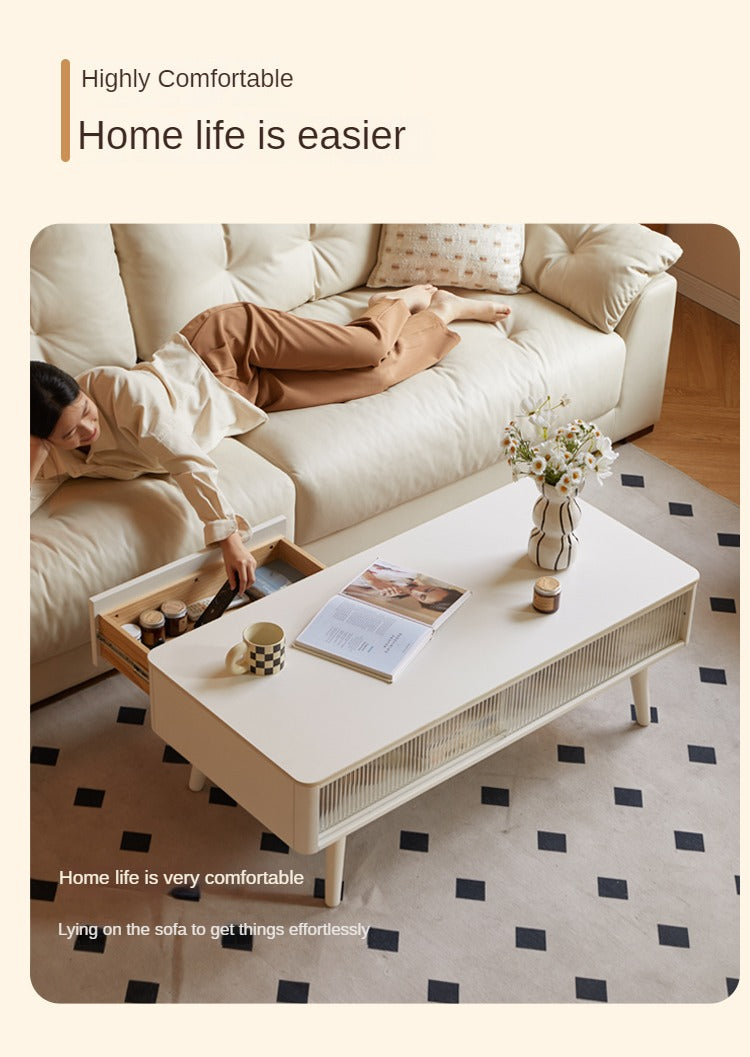 Rubber Solid Wood White Cream Style Rock Plate Coffee Table