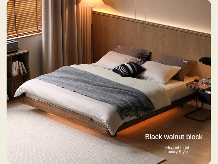 Cherry Wood Solid Wood platform bed, headboard-free bed with Light.