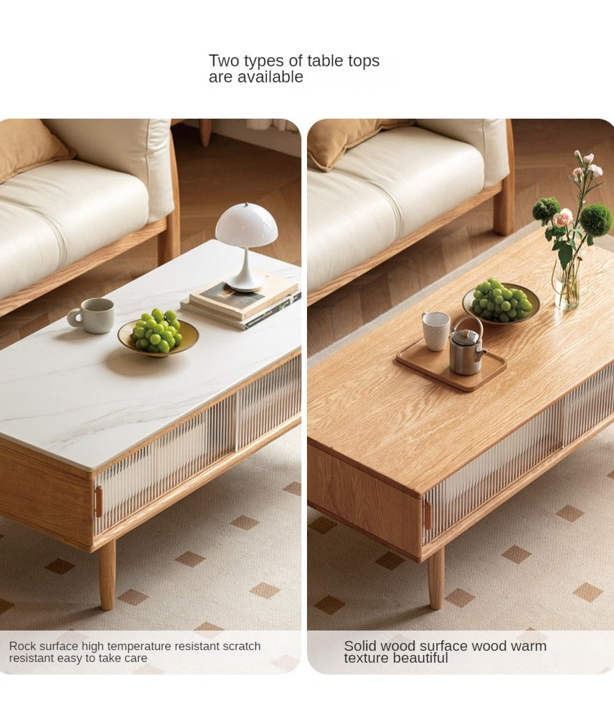 Oak, Beech, Solid Rubberwood Glass Doors Coffee Table