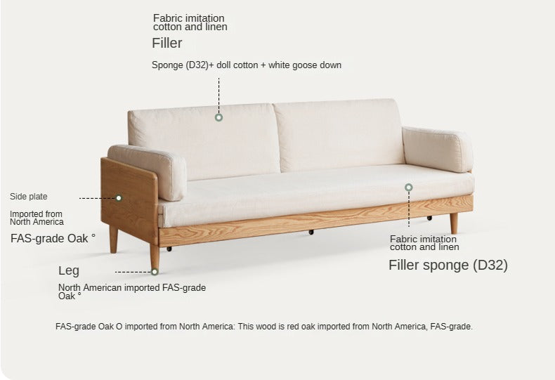Oak Solid Wood Sofa Bed Folding White Goose Feather Cushions.