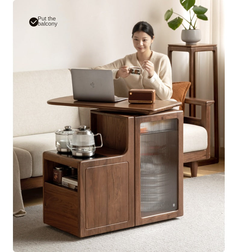 Black Walnut, Oak Solid Wood Movable Tea Cabinet With Tea Maker