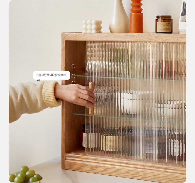 Oak, Cherry Solid Wood Desktop Locker Storage Cabinet Glass Sliding Door