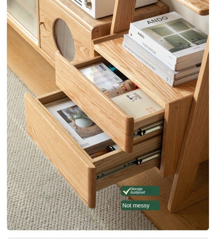 Oak Solid Wood Side Cabinet, Trapezoidal Storage Rack