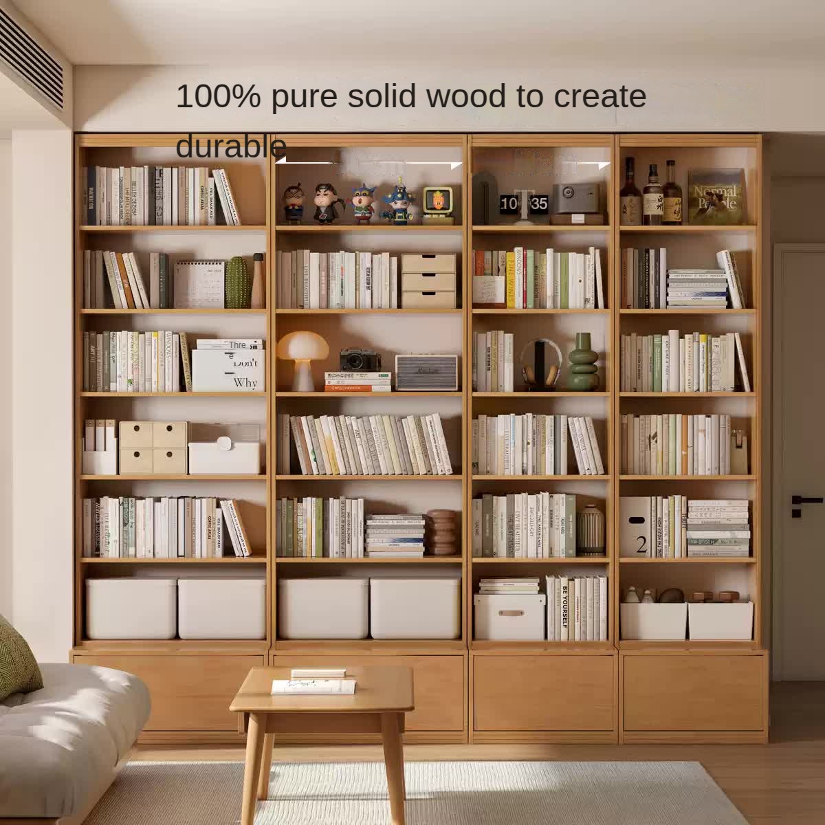 Rubber pure solid wood bookshelf floor-standing cabinet.