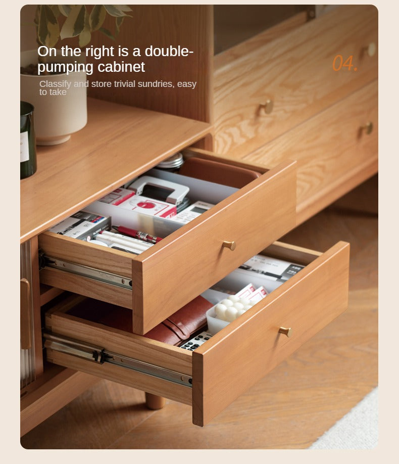 Poplar Solid Wood Glass Sliding Door Storage TV cabinet.