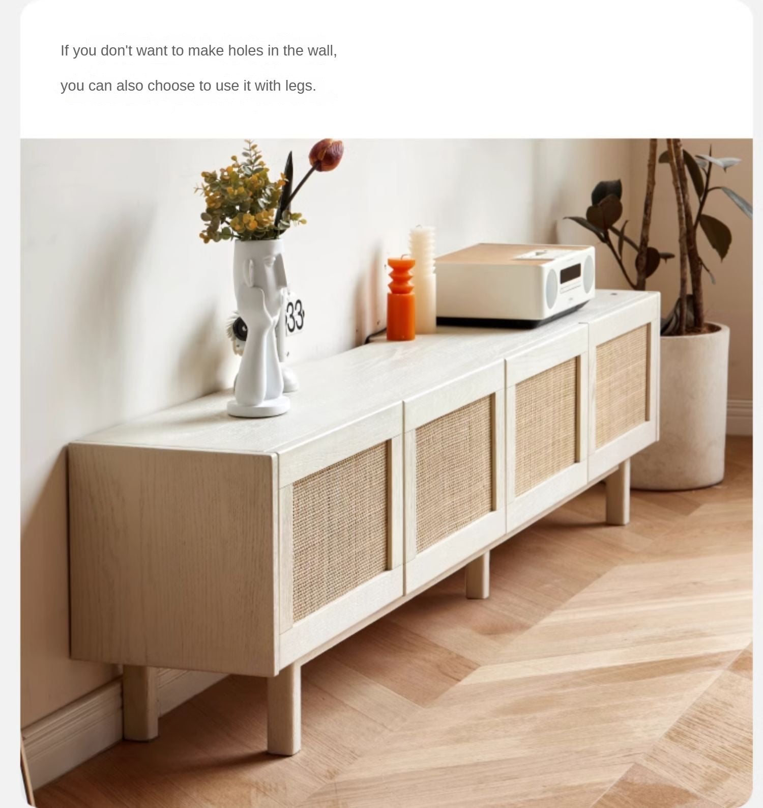 Oak Solid Wood Rattan Suspended TV Cabinet.