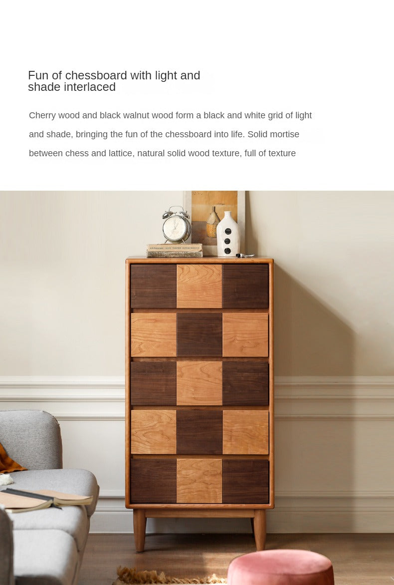 Cherry Solid Wood Retro Chest of Drawers Checkerboard