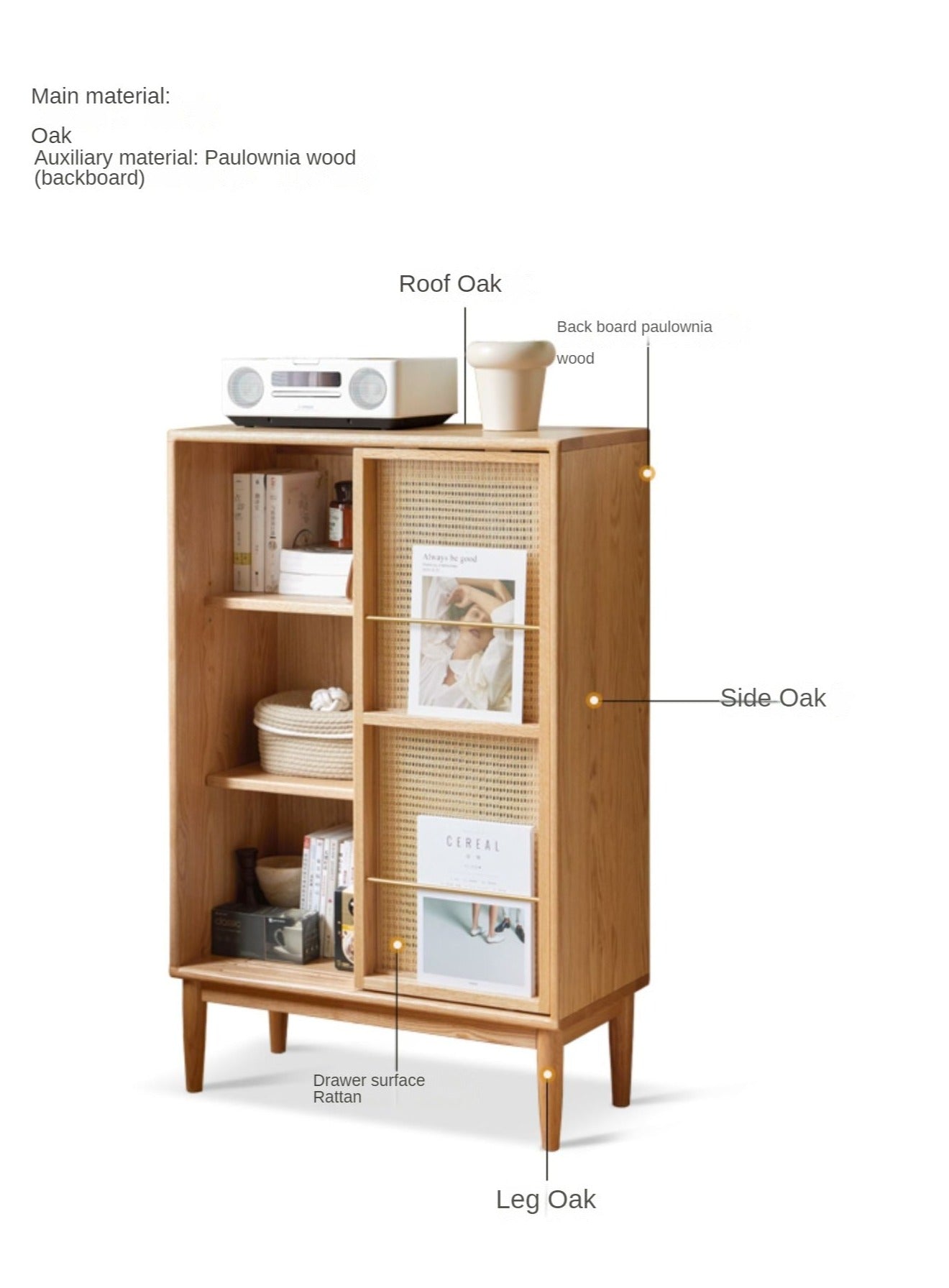 Oak Solid Wood Sliding Door Storage LED lights, Side Cabinet