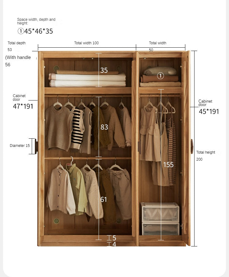 Oak Solid Wood Children's Wardrobe, Bookcase Combination
