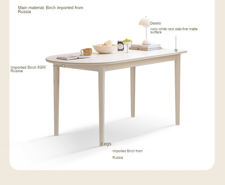 Birch Solid Wood White Cream Style Semi-Circular Rock Plate Dining Table