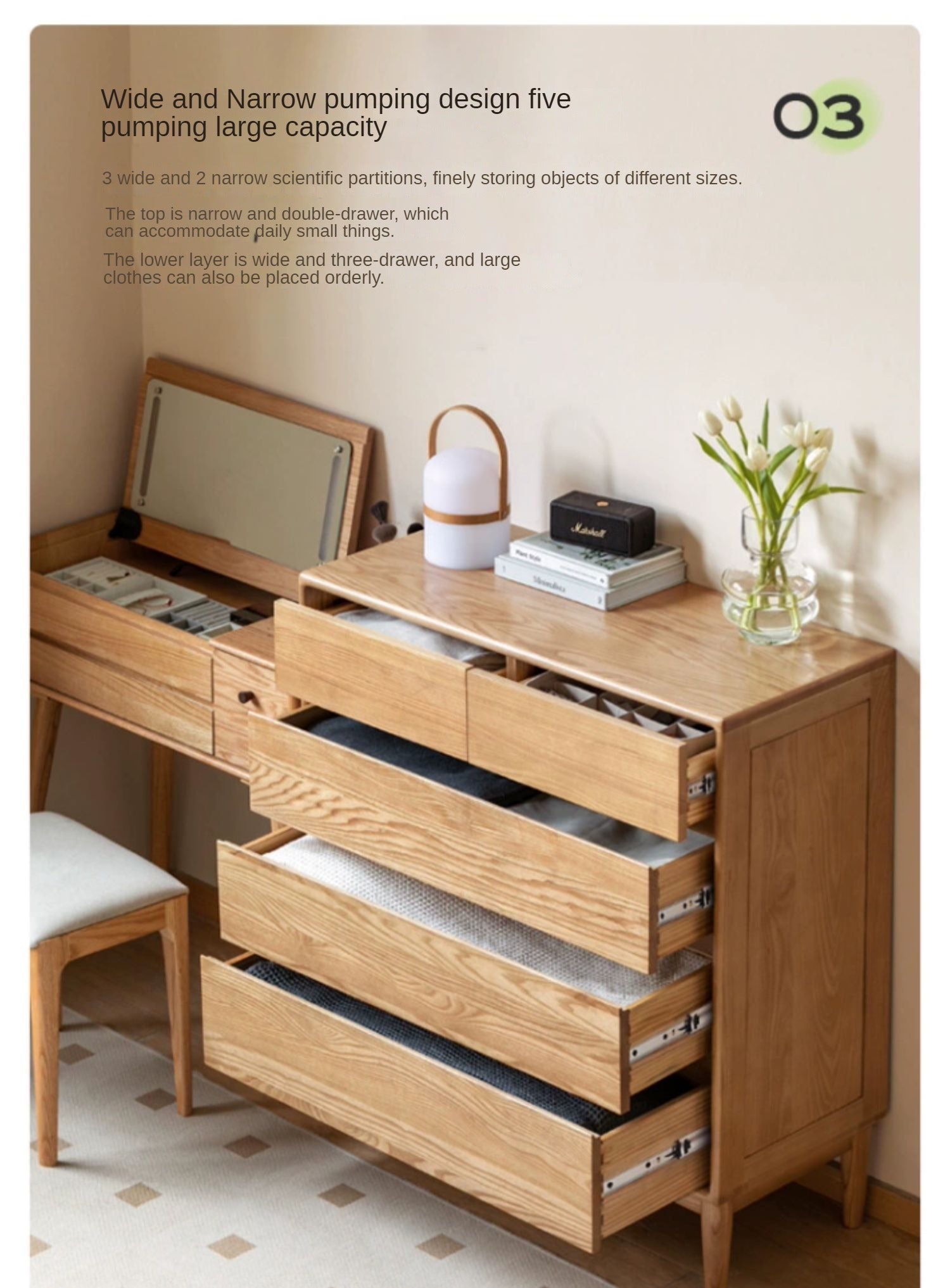 Ash Solid Wood Storage Drawer Cabinet)