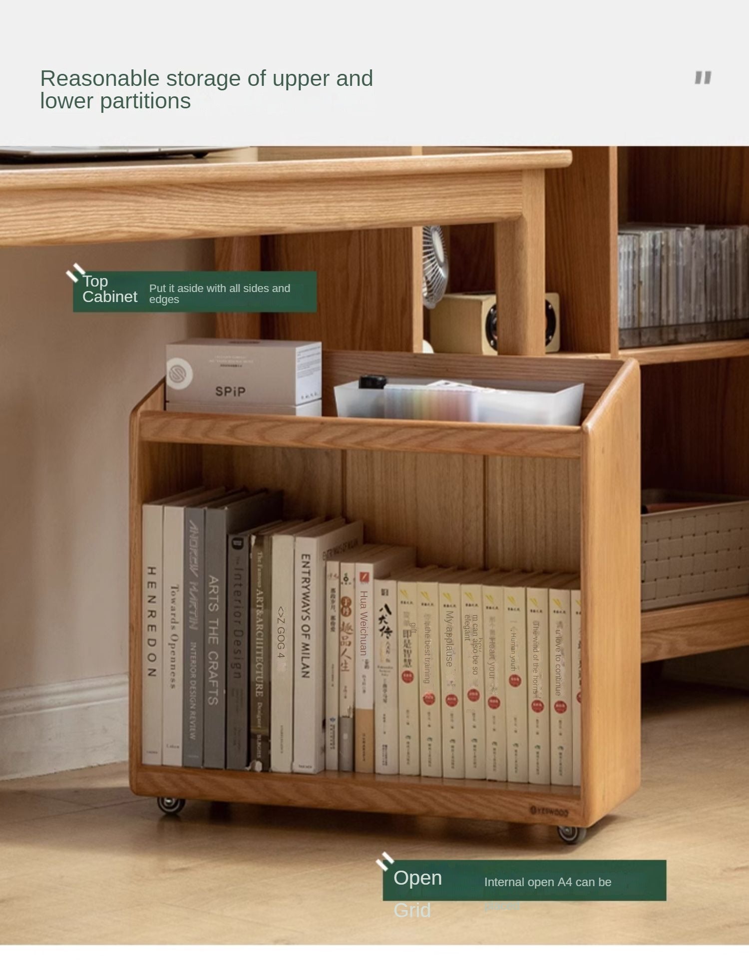 Oak, Rubberwood Solid Wood Under-desk Mobile Bookshelf