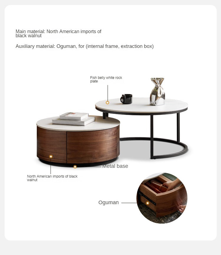 Black Walnut Solid Wood Light Luxury Round Rock Plate Coffee Table
